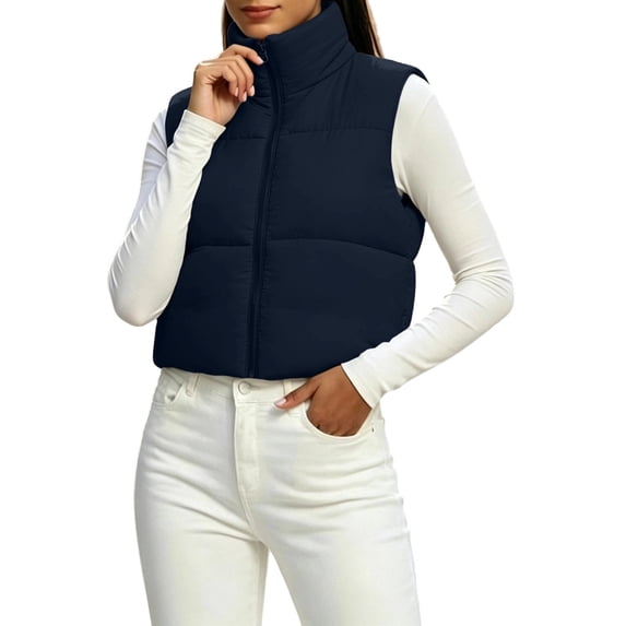 Smupbvky Cropped Vest for Women Zip Up Sleeveless Quilted Jacket Lightweight Mock Neck Winter Outerwear for Layering (XL, Navy)