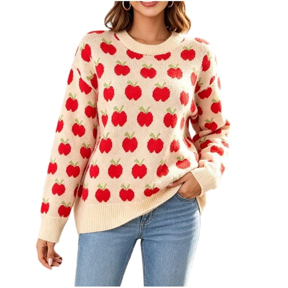 Smupbvky Cute Sweater Women Fruit Print Knit Tops Long Sleeve Casual Fall Crew Neck Pullover with Ribbed Trim (S, Beige)
