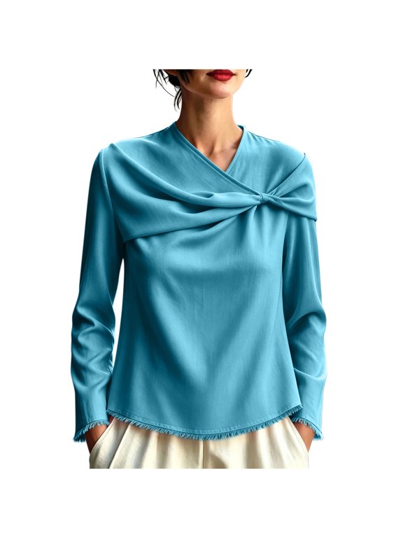 Dressy Blouses for Women Draped Twist Knot Neck Elegant Tops with Fringe Long Sleeve Casual T Shirts for Party (3XL, Sky Blue)