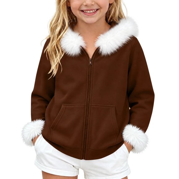 Smupbvky Girls Zip Up Hoodie Jacket with White Faux-fur Trim, Kids Sweatshirt Coat Long Sleeve Casual Outerwear, Brown 13-14 Years
