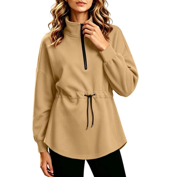 Smupbvky Half Zip Sweatshirt for Women Drawstring Waist Stand Collar Pullover Causal Curved Hem Long Sleeve Loose Tops (M, Khaki)