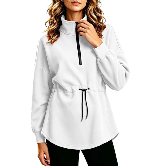 Smupbvky Half Zip Sweatshirt for Women Drawstring Waist Stand Collar Pullover Causal Curved Hem Long Sleeve Loose Tops (M, White)