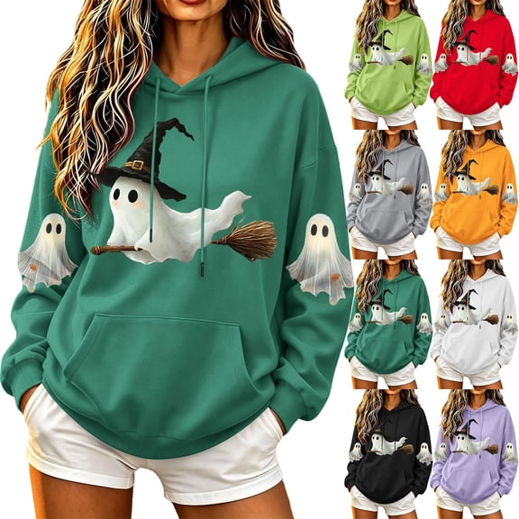 Smupbvky Halloween Graphic Sweatshirts for Women Vintage Ghost Printed Hoodie Fall Casual Long Sleeve Tops with Pocket (XL, Army Green)