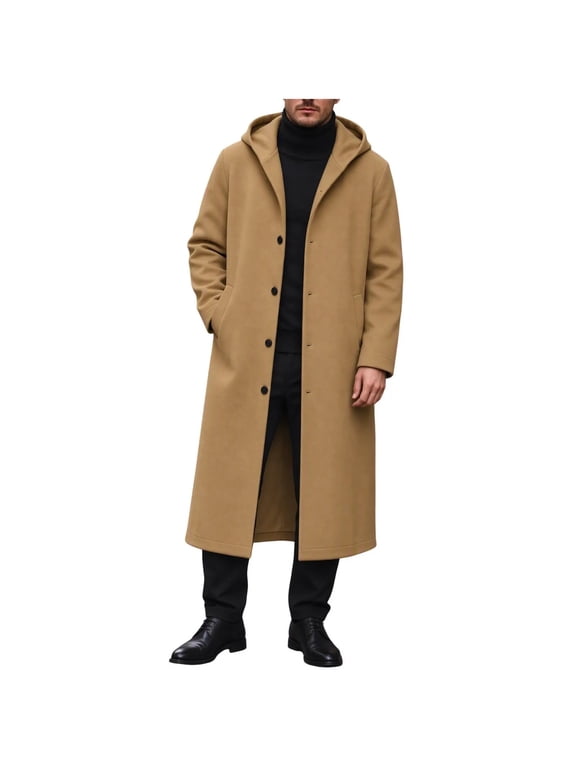 Hooded Trench Coat for Men Long Button Down Overcoat Business Casual Winter Warm Jacket for Everyday (S, Brown)