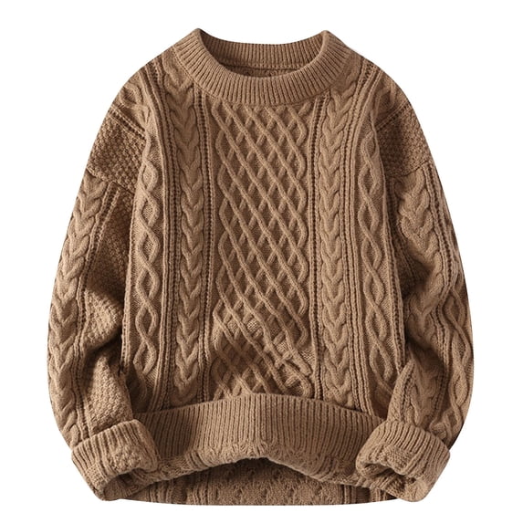 Smupbvky Mens Cable Knit Sweater Crew Neck Long Sleeve Pullover Top Solid Casual Fall Winter Knitwear for Everyday (XL, Khaki)