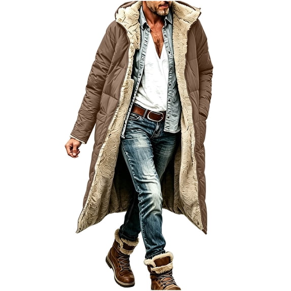 Smupbvky Mens Long Puffer Coat Hooded Fuzzy Fleece Lined Zip Up Jacket Winter Trendy Casual Warm Outerwear (XL, Brown)