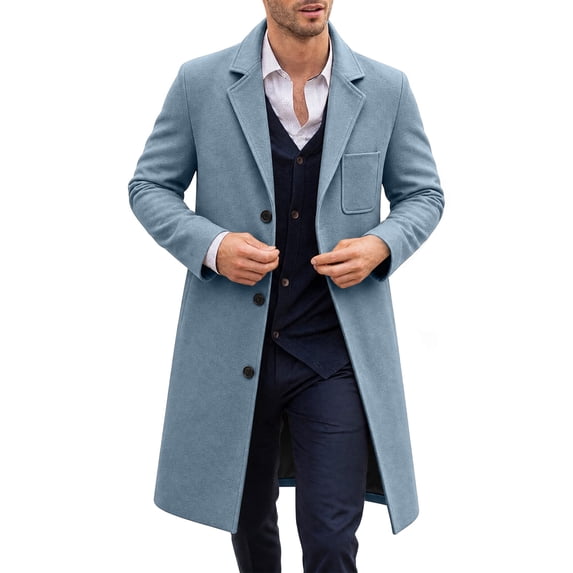 Smupbvky Mens Overcoat Mid Length Notched Lapel Trench Coat Single Breasted Warm Business Winter Topcoat with Pocket (S, Light Blue)