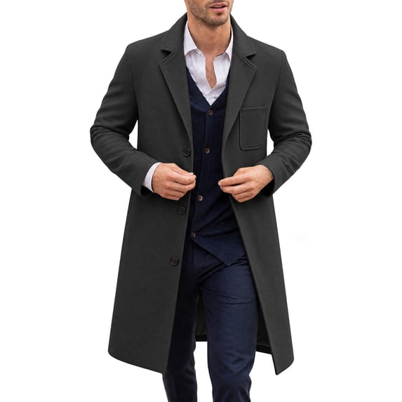 Smupbvky Mens Overcoat Mid Length Notched Lapel Trench Coat Single Breasted Warm Business Winter Topcoat with Pocket (XL, Black)