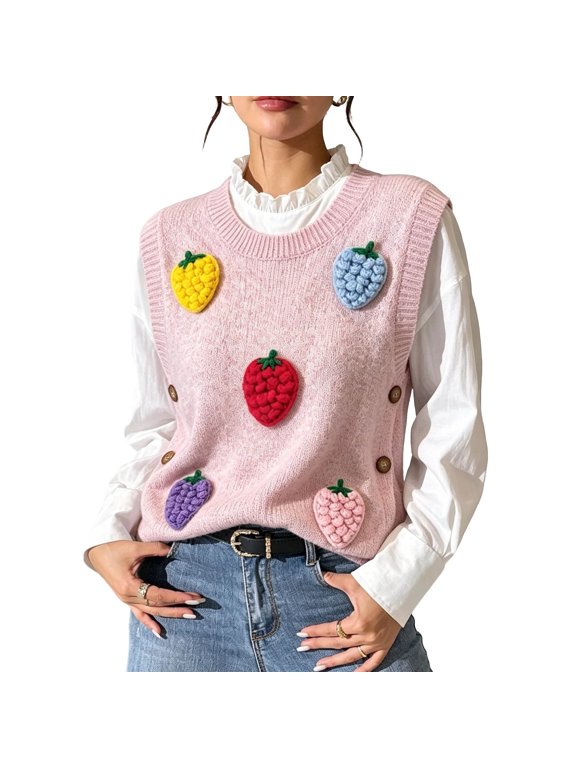 Sweater Vest Women Cute 3D Fruit Crew Neck Tank Tops Side Button Casual Fall Sleeveless Knit Pullover (XL, Pink)