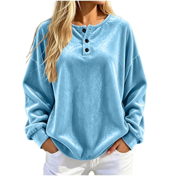 Smupbvky Sweatshirts for Women Crew Neck Tops Button down Pullover Long Sleeve Casual Blouse Winter shirts (XL, Sky Blue)