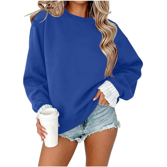 Smupbvky Sweatshirts for Women Crew Neck Tops Ruffle Cuff Pullover Fall Winter Sport Blouse Long Sleeve Shirts (2XL, Blue)