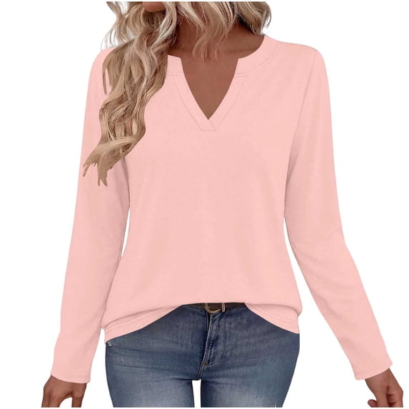 Smupbvky V Neck T Shirts for Women Long Sleeve Relaxed Fit Tops Casual Fall Winter Layering Basic Tees (XL, Pink)