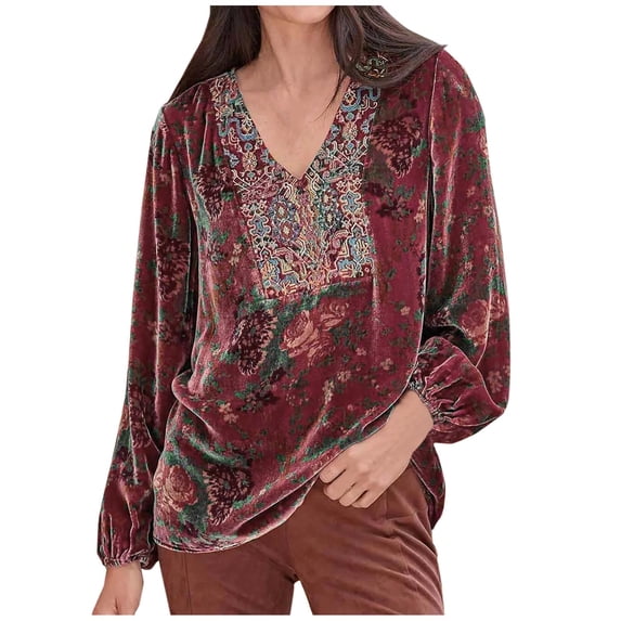 Smupbvky Velvet Tops for Women Dressy Floral V Neck Shirts Puff Long Sleeve Casual Fall Vintage Tops Vacation Outfit (S, Red)