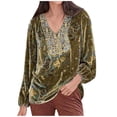 thumbnail image 1 of Smupbvky Velvet Tops for Women Dressy Floral V Neck Shirts Puff Long Sleeve Casual Fall Vintage Tops Vacation Outfit (XL, Yellow), 1 of 5