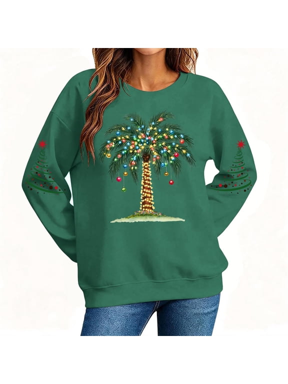Women Christmas Sweatshirt Tree Graphic Printed Pullover Cute Long Sleeve Crewneck Top Festive Holiday Casual (L, Green)