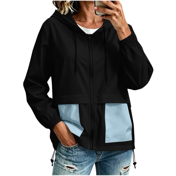 Smupbvky Women Color Block Windbreaker Jacket Lightweight Zip Up Outdoor Waterproof Outerwear with Pockets Trendy Coat (2XL, Light Blue)