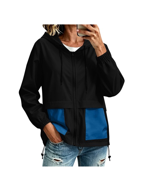 Women Color Block Windbreaker Jacket Lightweight Zip Up Outdoor Waterproof Outerwear with Pockets Trendy Coat (M, Blue)