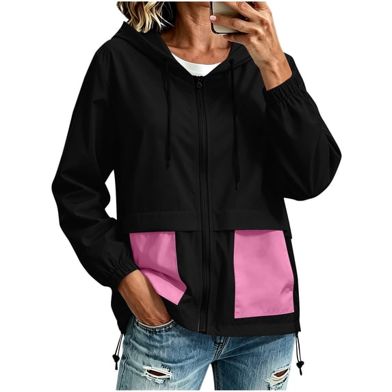 Smupbvky Women Color Block Windbreaker Jacket Lightweight Zip Up Outdoor Waterproof Outerwear with Pockets Trendy Coat (M, Hot Pink)