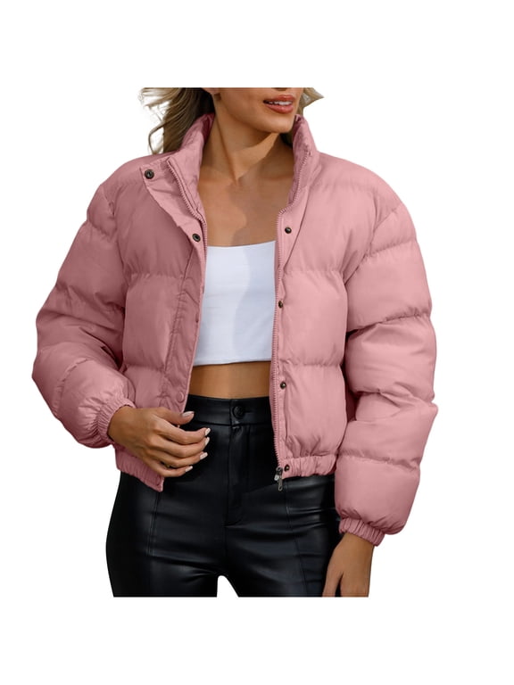 Women Cropped Puffer Jacket Lightweight Quilted Zipper Coat Stand Collar Winter Warm Bubble Outerwear (2XL, Pink)