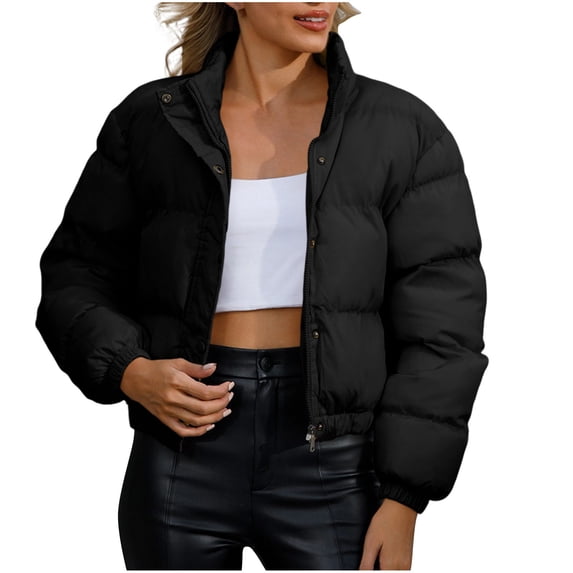 Smupbvky Women Cropped Puffer Jacket Lightweight Quilted Zipper Coat Stand Collar Winter Warm Bubble Outerwear (M, Black)