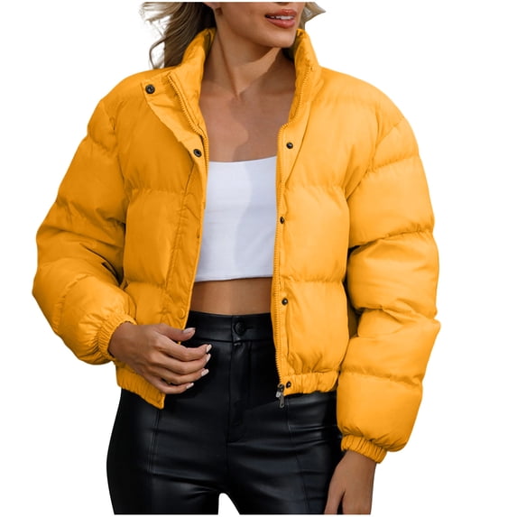 Smupbvky Women Cropped Puffer Jacket Lightweight Quilted Zipper Coat Stand Collar Winter Warm Bubble Outerwear (XL, Yellow)