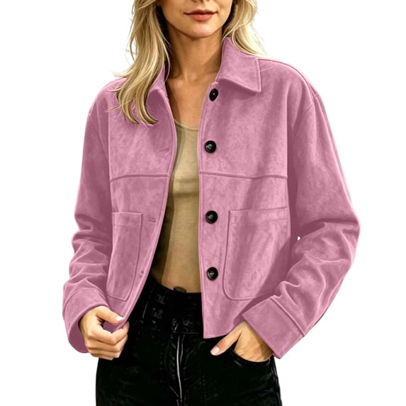 Smupbvky Women Faux Suede Jackets Collared Button Up Crop Shackets Long Sleeve Dressy Casual Outerwear Tops with Pockets (L, Pink)