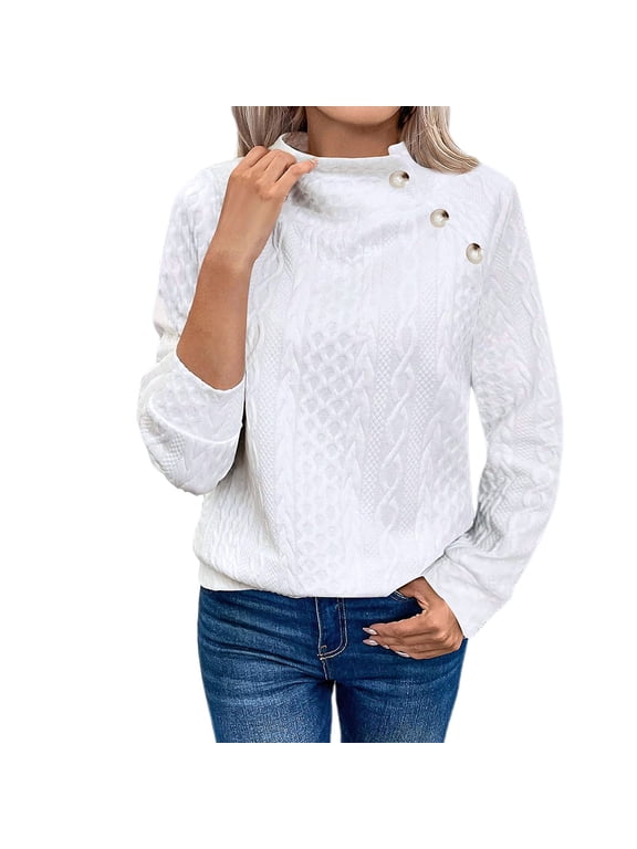 Womens Cable Knit Sweater Funnel Neck Button Pullover Trendy Winter Casual Cuffes Long Sleeve Thick Tops (M, White)