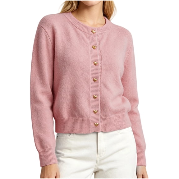 Smupbvky Womens Cropped Cardigan Sweater Heart Button down Knitted Tops Winter Cuffed Long Sleeve Trendy Jacket (Free Size, Pink)