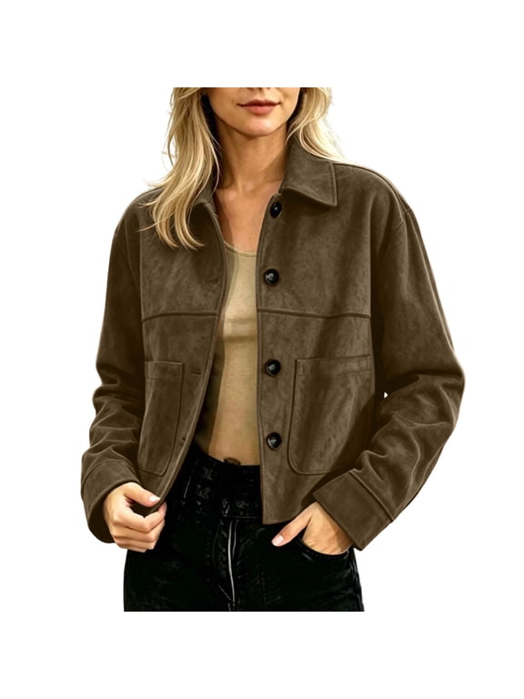 Womens Faux Suede Jackets Collared Button Down Crop Shackets Long Sleeve Casual Warm Outerwear Tops with Pockets (2XL, Brown)