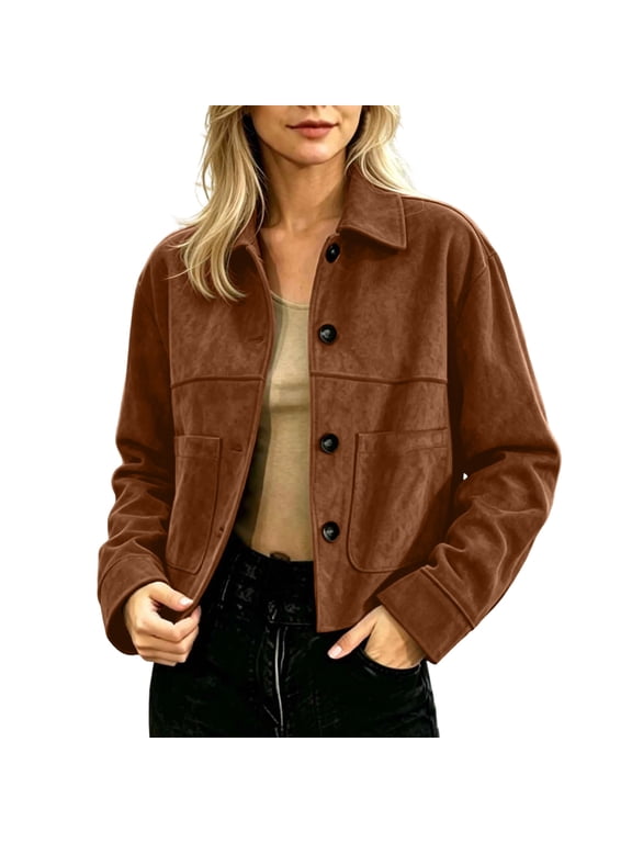 Womens Faux Suede Jackets Collared Button Down Crop Shackets Long Sleeve Casual Warm Outerwear Tops with Pockets (L, Coffee)