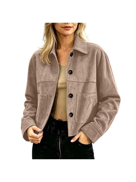 Womens Faux Suede Jackets Collared Button Down Crop Shackets Long Sleeve Casual Warm Outerwear Tops with Pockets (S, Khaki)