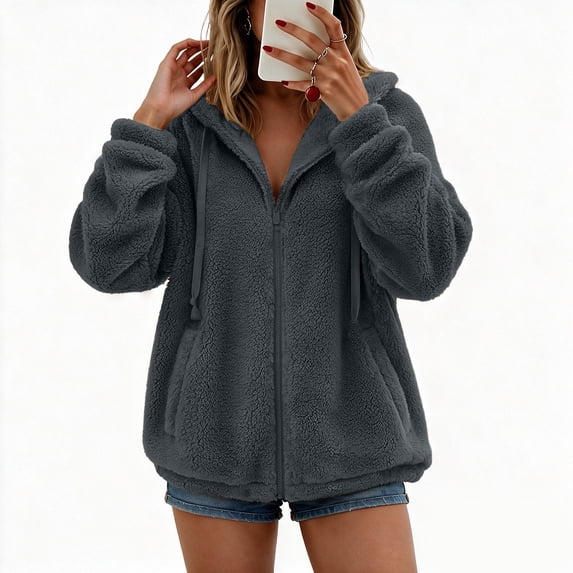 Smupbvky Womens Fleece Hoodie Full Zip Fuzzy Sherpa Jacket Long Sleeve Oversized Warm Coat with Pockets (3XL, Dark Gray)