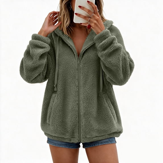 Smupbvky Womens Fleece Hoodie Full Zip Fuzzy Sherpa Jacket Long Sleeve Oversized Warm Coat with Pockets (XL, Army Green)
