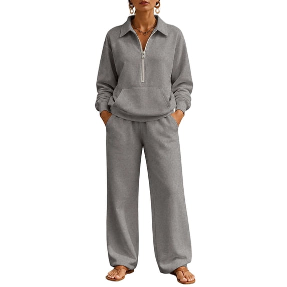 Smupbvky Womens Half Zip Sweatsuits Collared Long Sleeve Pullover and Wide Leg Pants Casual Fall 2 Piece Workout Set (M, Gray)