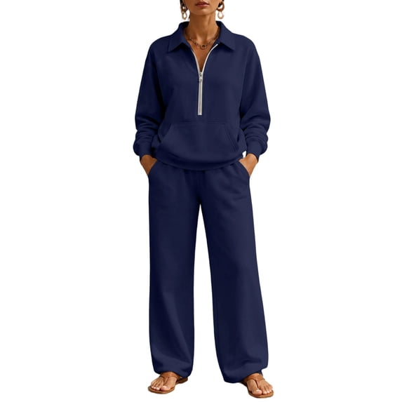 Smupbvky Womens Half Zip Sweatsuits Collared Long Sleeve Pullover and Wide Leg Pants Casual Fall 2 Piece Workout Set (M, Navy)
