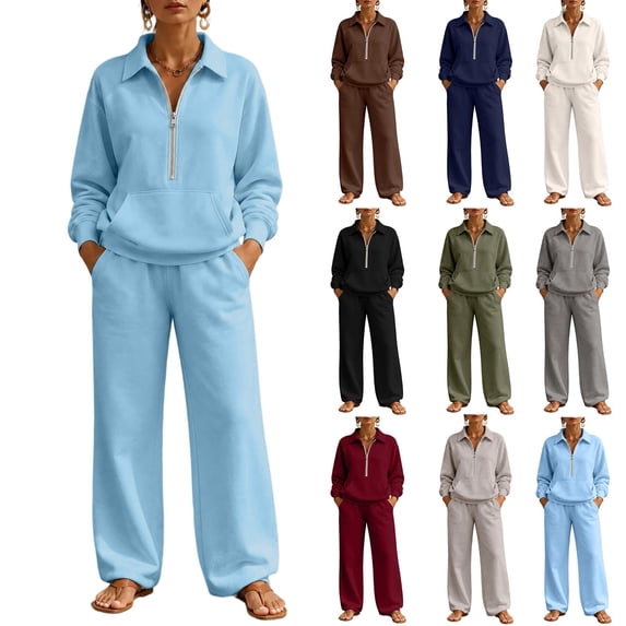 Smupbvky Womens Half Zip Sweatsuits Collared Long Sleeve Pullover and Wide Leg Pants Casual Fall 2 Piece Workout Set (XL, Sky Blue)