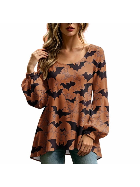 Womens Halloween Shirts Goth Graphic Balloon Long Sleeve Tops Fitted Casual Crew Neck Fall Festive Blouses (XL, Multicolor)