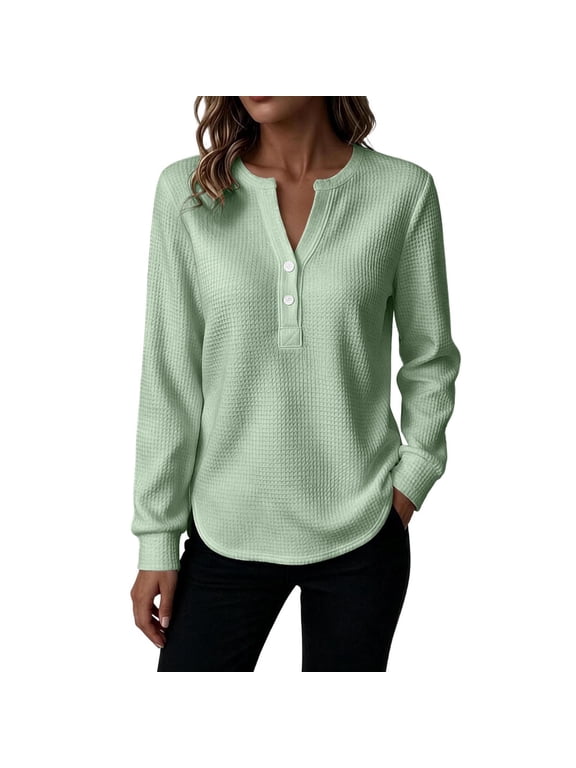 Womens Henley Tops Long Sleeve Waffle Knit Tunic T Shirts 3-Button Front Casual Pullover with Pockets (XL, Green)