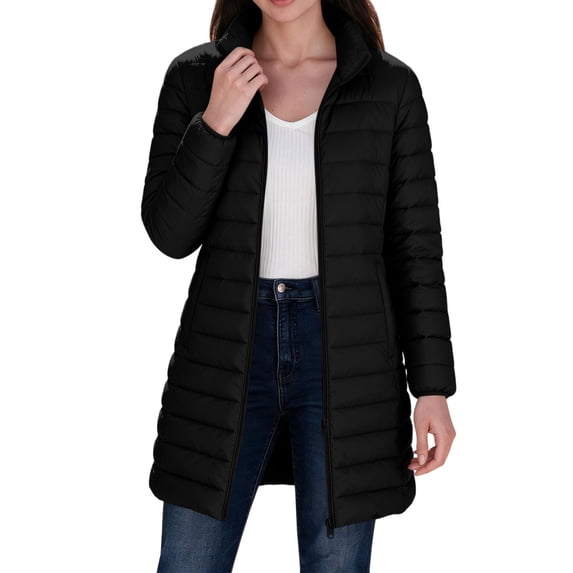 Smupbvky Womens Long Puffer Coat Stand Collar Two-Way Zip Up Lightweight Quilted Jacket Winter Outdoor Warm Outerwear (2XL, Black)