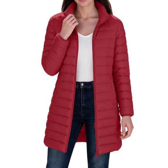 Smupbvky Womens Long Puffer Coat Stand Collar Two-Way Zip Up Lightweight Quilted Jacket Winter Outdoor Warm Outerwear (M, Red)