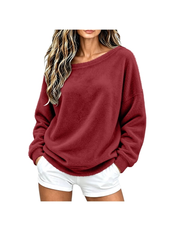 Womens Off Shoulder Sweatshirt Dressy Casual Fuzzy Long Sleeve Tops Fleece Winter Pullover for Party (2XL, Wine)