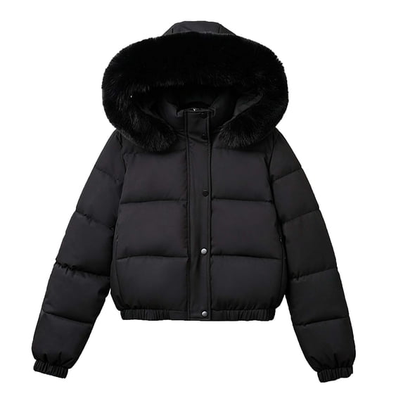 Smupbvky Womens Puffer Jacket with Faux Fur Hood Cropped Zip Up Warm Winter Coat Long Sleeve Quilted Outerwear (2XL, Black)
