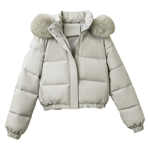 Smupbvky Womens Puffer Jacket with Faux Fur Hood Cropped Zip Up Warm Winter Coat Long Sleeve Quilted Outerwear (2XL, Gray)