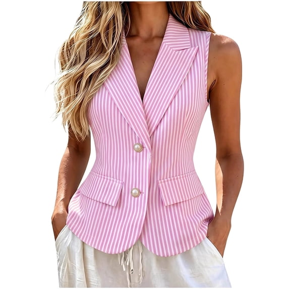 Smupbvky Womens Striped Vests Notched Lapel 2 Pearl Button up Sleeveless Tops Dressy Casual Waistcoat Slim Fit (2XL, Pink)