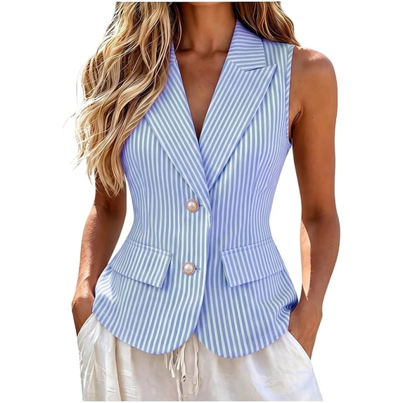 Smupbvky Womens Striped Vests Notched Lapel 2 Pearl Button up Sleeveless Tops Dressy Casual Waistcoat Slim Fit (XL, Light Blue)