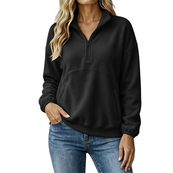 Smupbvky Womens Sweatshirts Trendy 3/4 Zip Pullover with Pocket Long Sleeve Drop Shoulder Casual Seam Tops Loose Fit (M, Black)