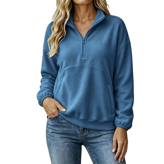 Smupbvky Womens Sweatshirts Trendy 3/4 Zip Pullover with Pocket Long Sleeve Drop Shoulder Casual Seam Tops Loose Fit (M, Blue)