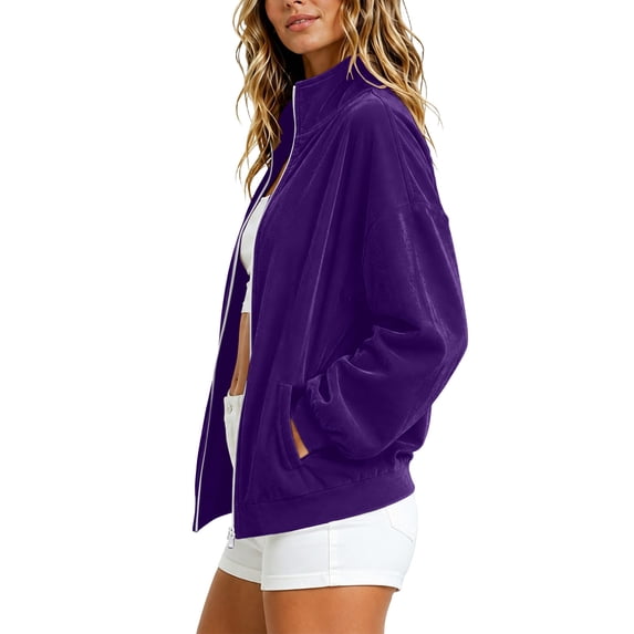 Smupbvky Womens Velour Zip Up Bomber Coat Stand Collar Long Sleeve Oversized Jacket Fall Winter Casual with Pockets (2XL, Purple)
