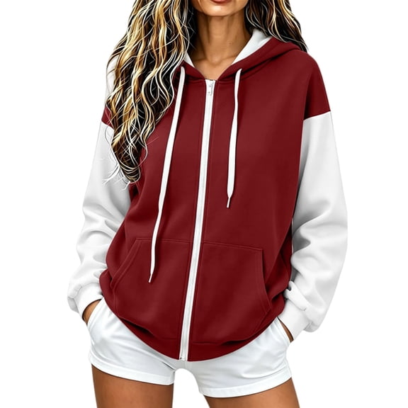 Smupbvky Womens Zip up Hoodies Color Block Jacket Long Sleeve Blouse Casual Fall Drawstring Sweatshirt with Pocket (XL, Wine)