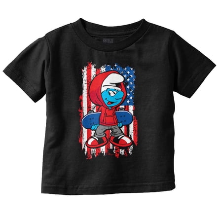 Smurf Skateboarder American Flag Toddler Boy Girl T Shirt Infant Toddler Brisco Brands 6M